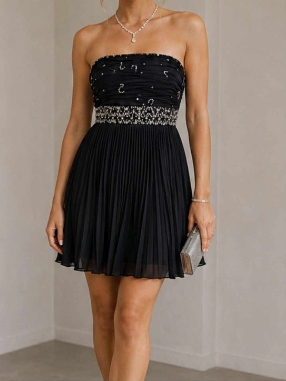 NWT Bella Embellished Strapless Pleated  Mini Dress in Black, Party Dress Sz 0